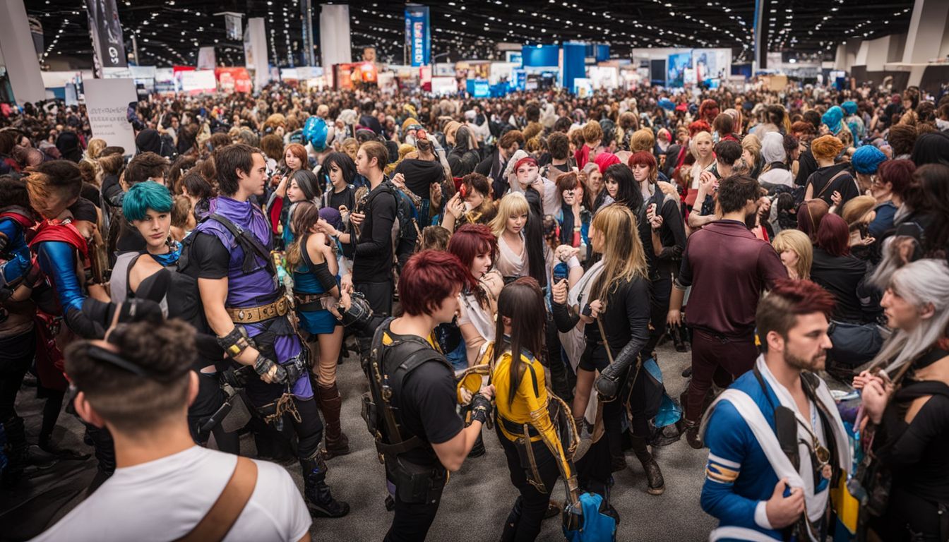 A crowded convention floor filled with colorful cosplay costumes and booths.