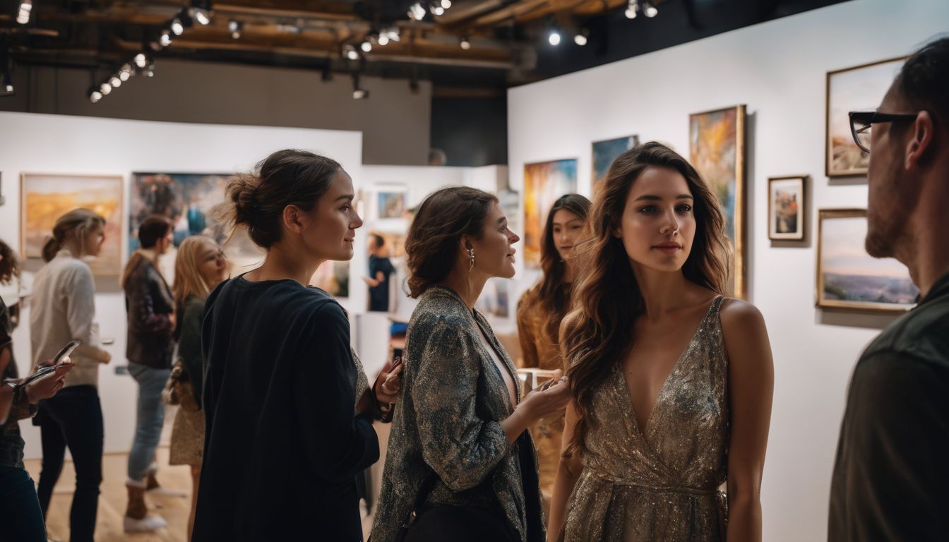 A diverse group of artists showcasing their work in a bustling art gallery.