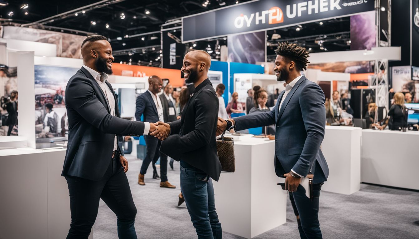 Entrepreneurs shaking hands in front of a bustling trade show booth.