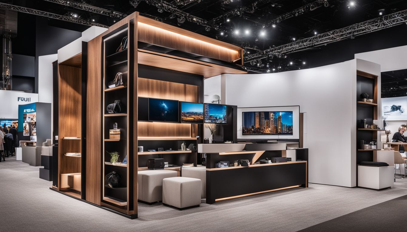 A trade show display with hidden storage compartments and modern furniture.
