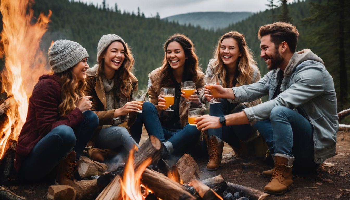 A diverse group of friends enjoying each other's company around a campfire in the woods.