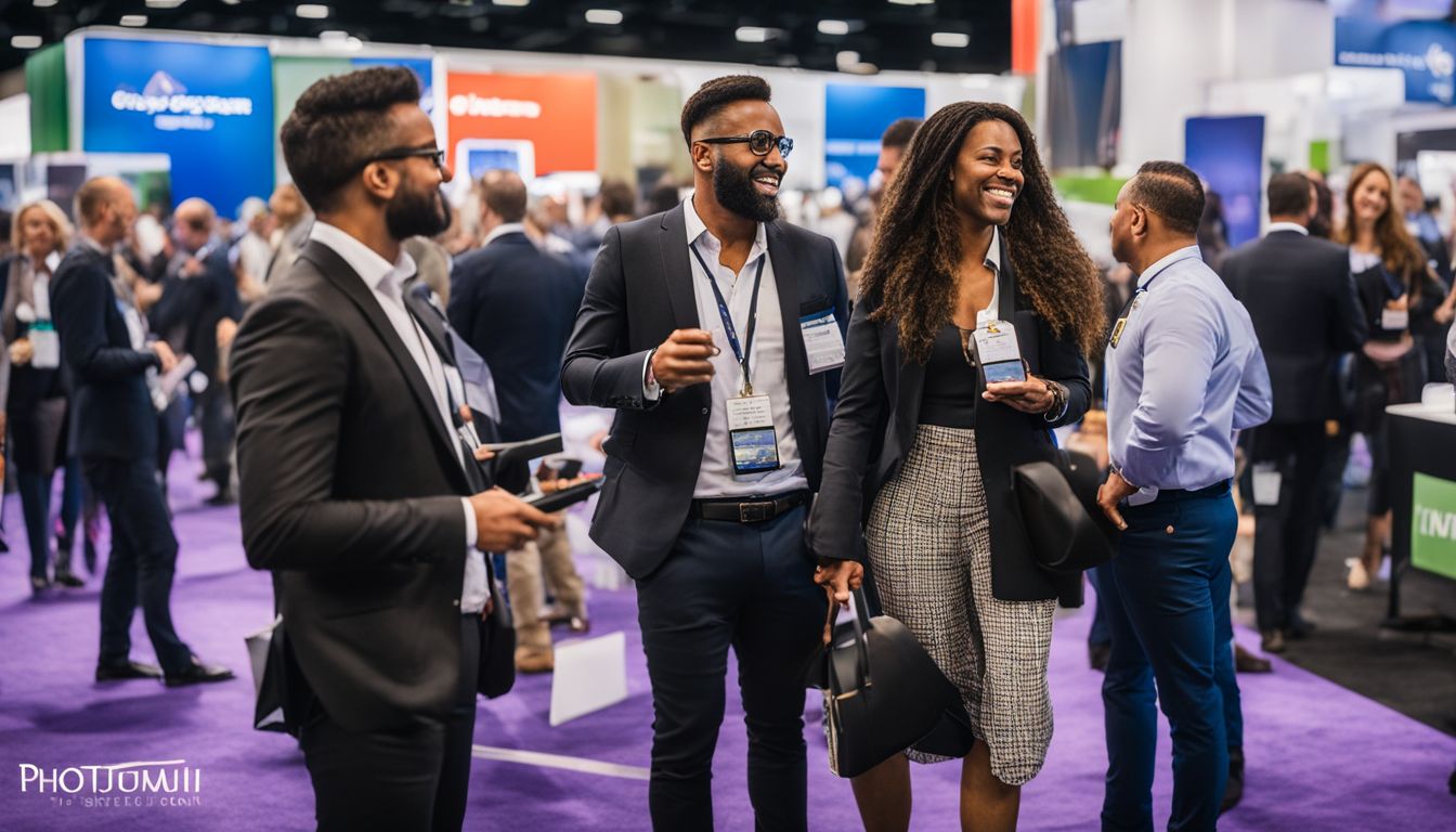 Mortgage professionals networking at a vibrant trade show.