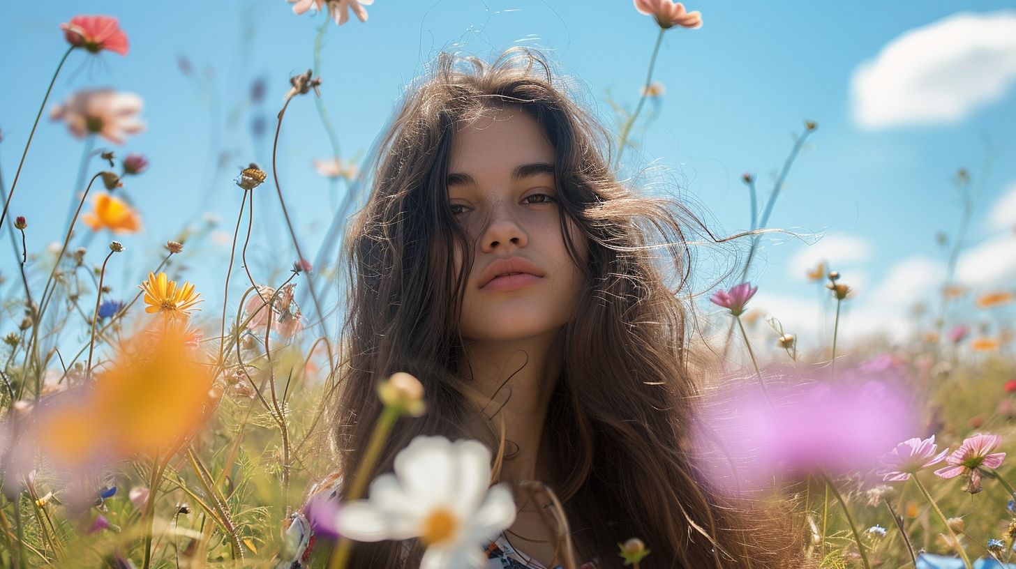 A model with long, healthy hair stands in a field of blooming flowers.