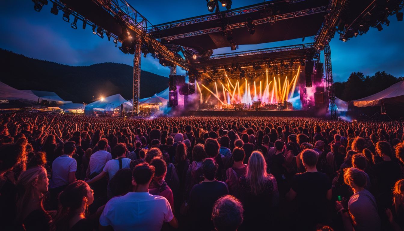 A festival stage with vibrant lights and a large crowd.