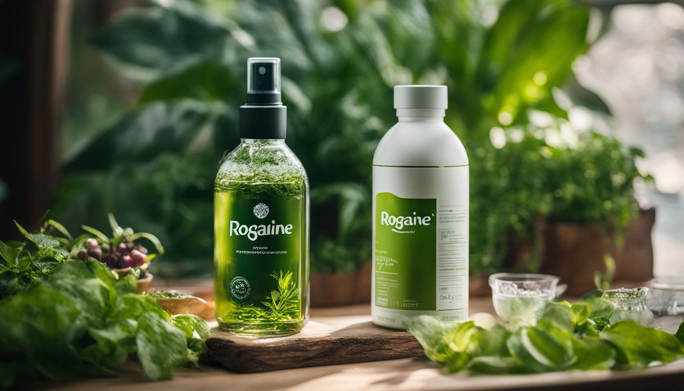 A bottle of Rogaine surrounded by healthy plants with various people.