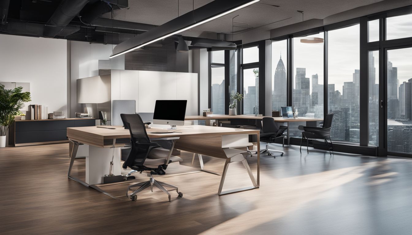 A modern office workspace with diverse individuals and stylish furniture.