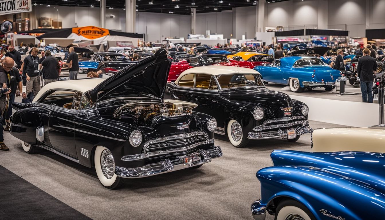 A busy show floor at Dallas AutoRama with vintage and modern cars.