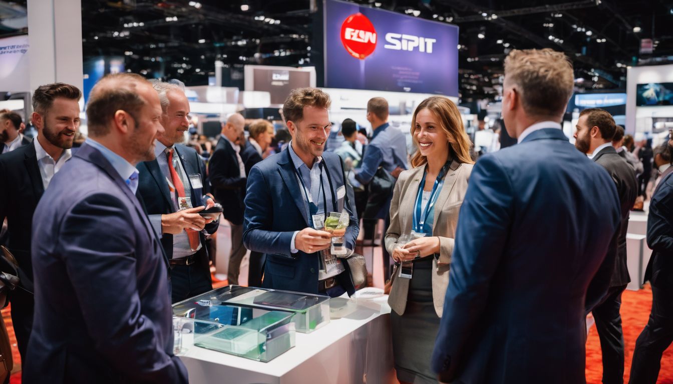 A diverse group of business professionals networking at a trade show.