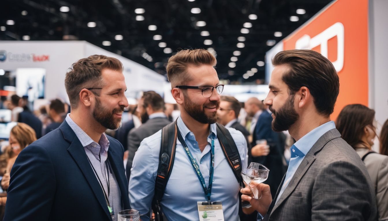 Industry professionals networking at a busy trade show venue.