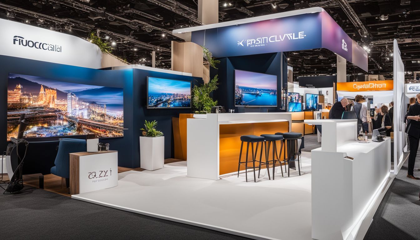 A trade show booth with eye-catching furniture and display kiosks.