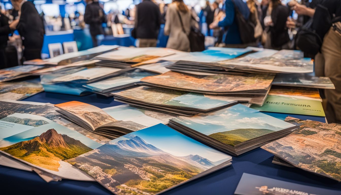 A vibrant collection of travel brochures and maps at a busy trade show.