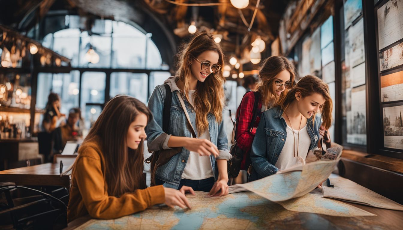 Teens navigating world map with travel guides in bustling atmosphere.