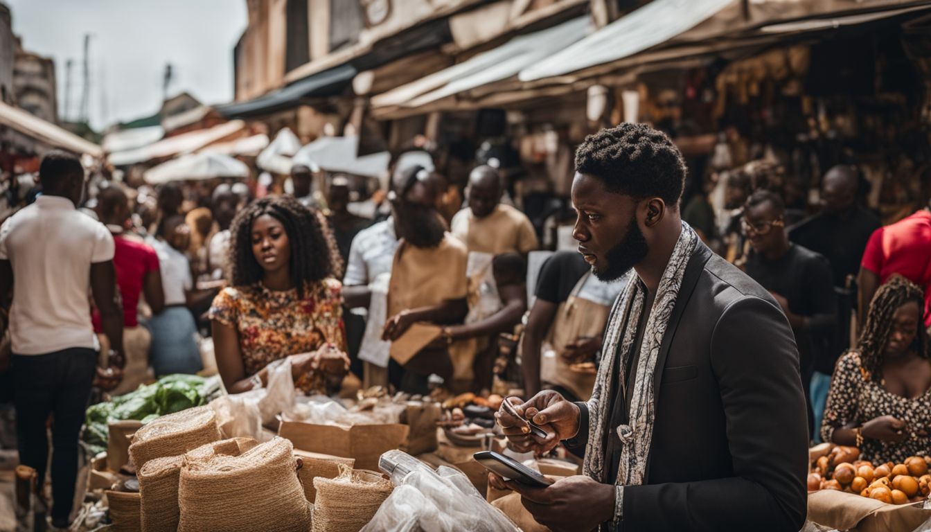 A Ghanaian entrepreneur engaging with customers on social media at a bustling marketplace in a well-lit and vibrant setting.
