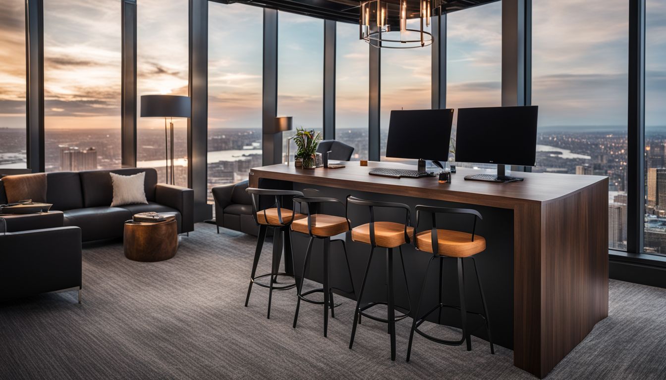 A custom-branded barstool in a stylish office environment with a bustling atmosphere.