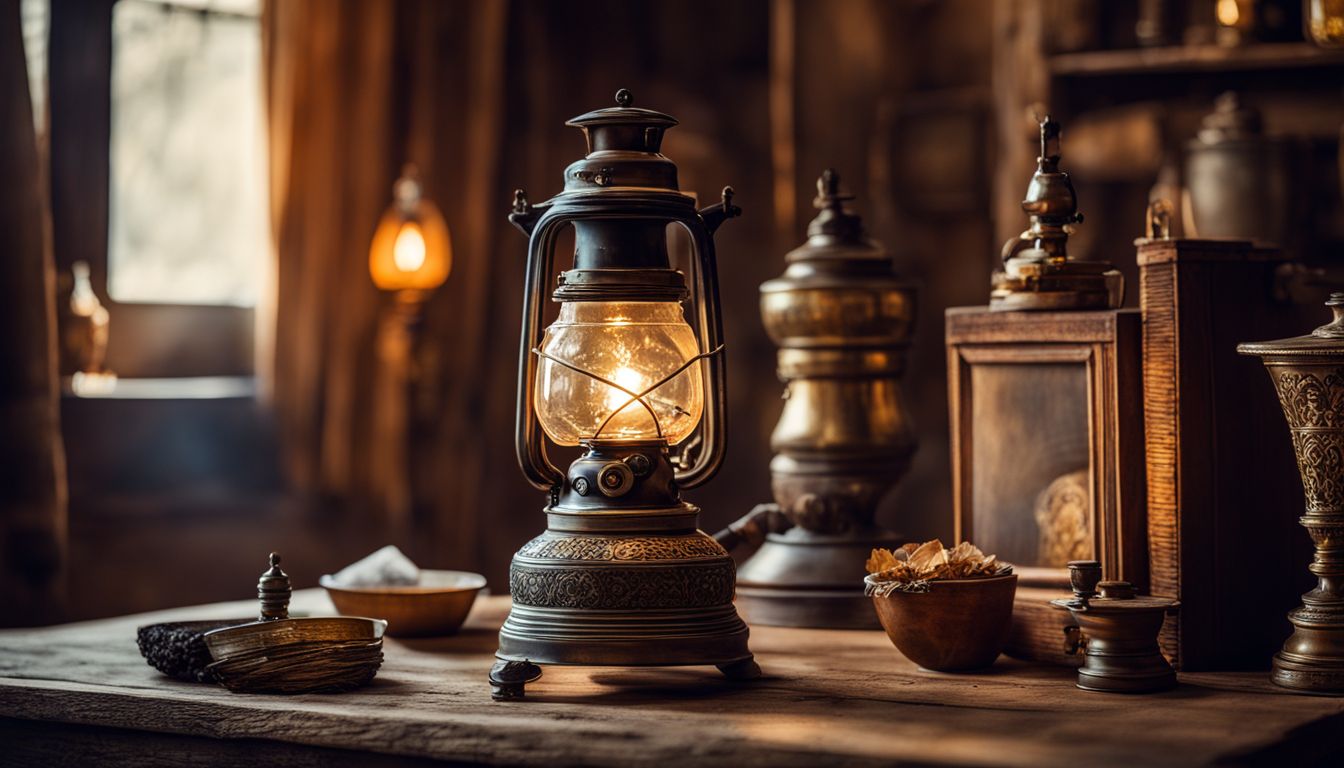 Ein antikes dekoratives Öllampenstillleben auf einem vintage Holztisch umgeben von alten Artefakten.