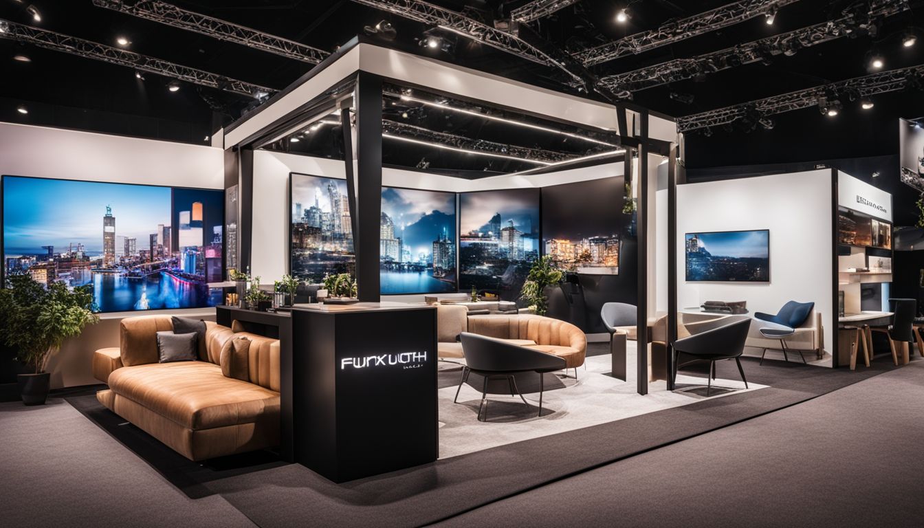 A modern trade show booth with diverse people and stylish furniture.
