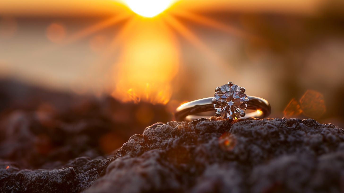 A diamond engagement ring captured with a sunset background.