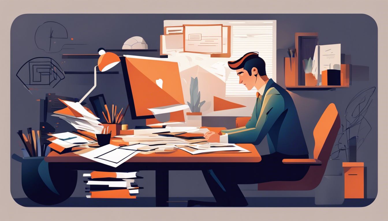 Een vermoeide persoon zit omringd door papierwerk in een rommelig kantoor.