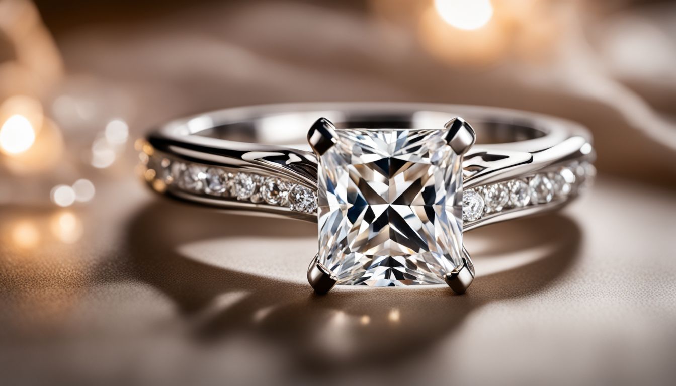 A princess-cut diamond engagement ring set in a delicate silver basket.