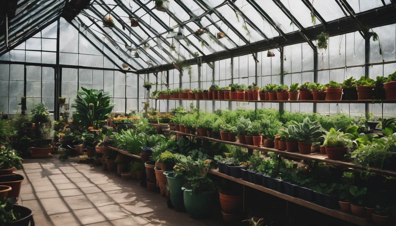 A diverse group of people enjoying a greenhouse filled with lush green plants.