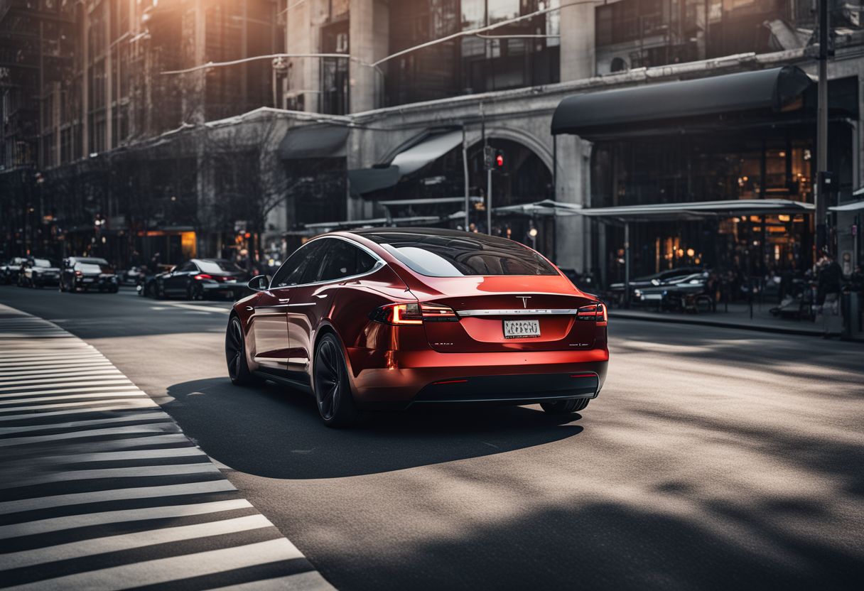 A sleek Tesla car in a futuristic city with diverse people and bustling atmosphere.