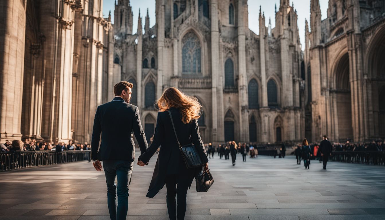 A couple holding hands in front of a grand cathedral in the city.