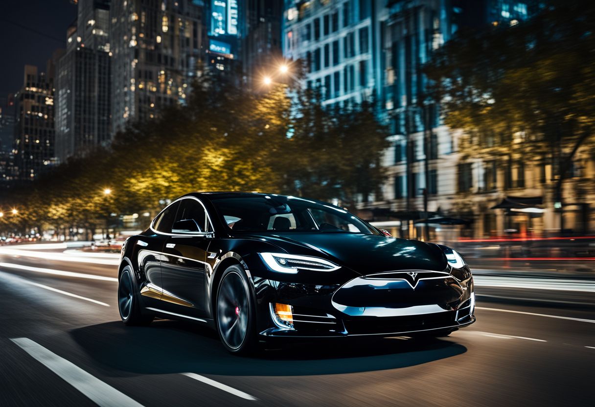 A black Tesla cruises through a bustling city street at night, capturing different people and styles.