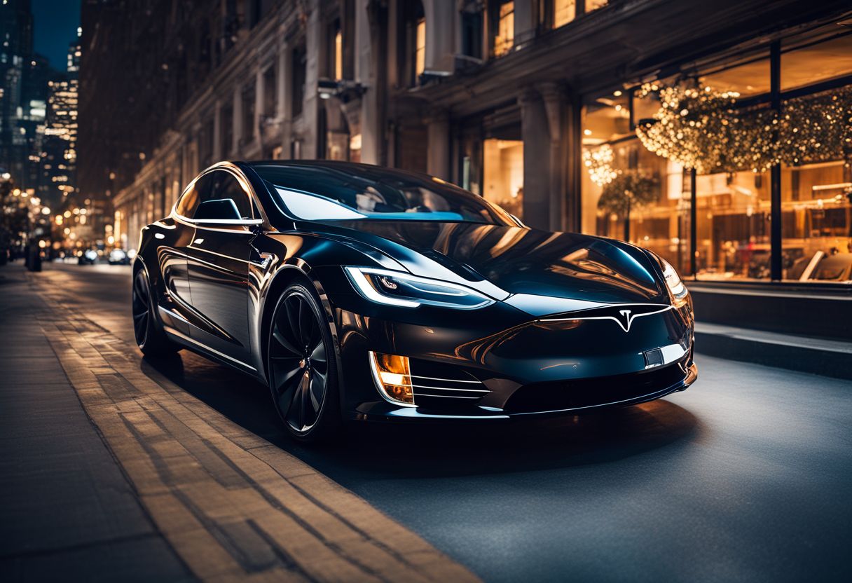 A sleek Tesla parked in a futuristic urban setting with a bustling atmosphere.