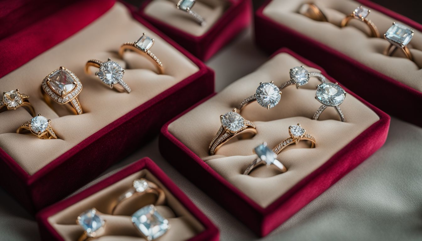 A collection of diamond engagement rings displayed on velvet cushion.