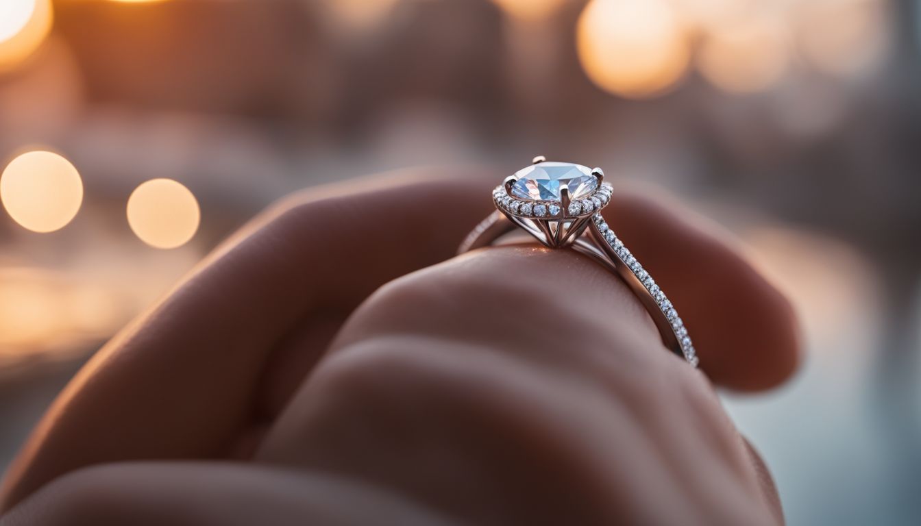 The photo showcases a diamond solitaire ring on a woman's hand.