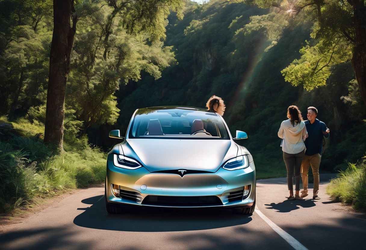 A family poses in front of a Tesla surrounded by lush greenery in a well-lit, bustling atmosphere.