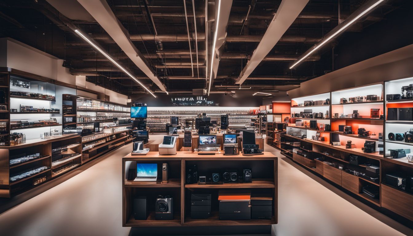 A store filled with high-tech gadgets and devices with a modern interior.