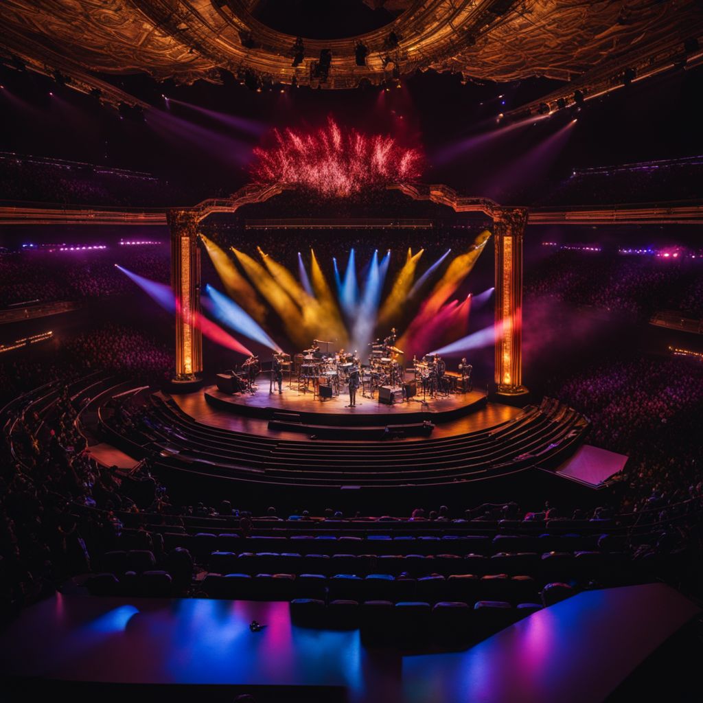 A grand stage with diverse performers and professional photography equipment.