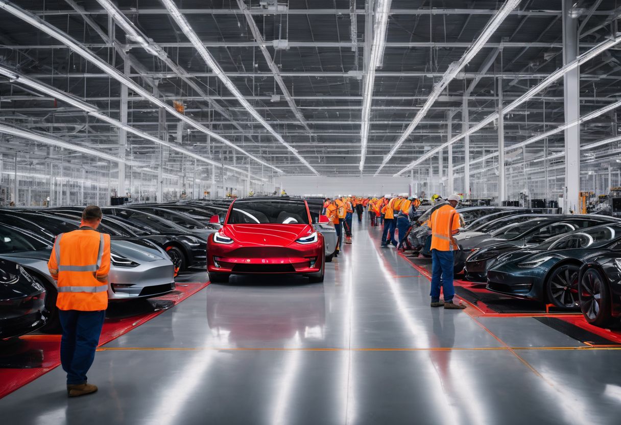 Workers at a busy Tesla gigafactory assembling cars in a bustling atmosphere.