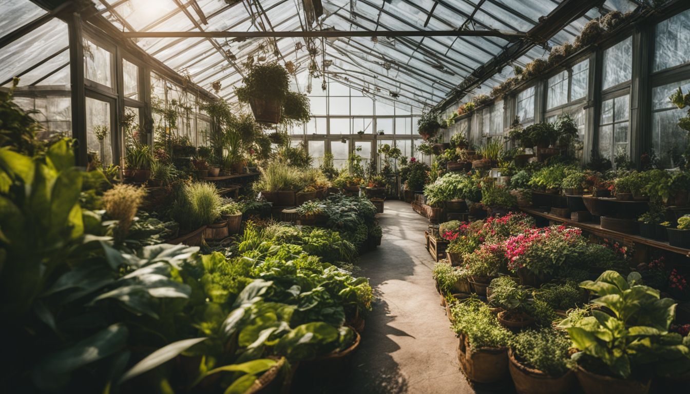 A diverse collection of thriving plants in a well-lit indoor greenhouse.