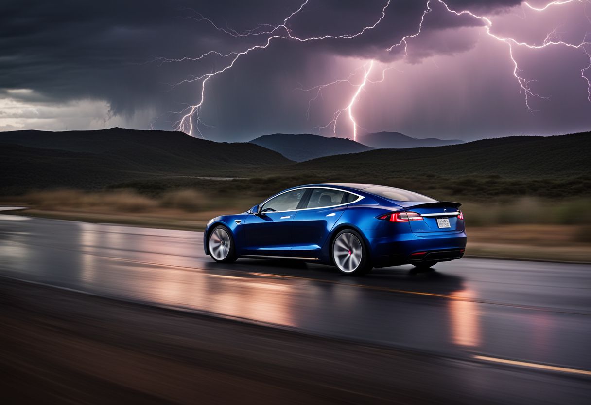 A Tesla car races through a lightning storm in a bustling environment, captured in stunning detail.