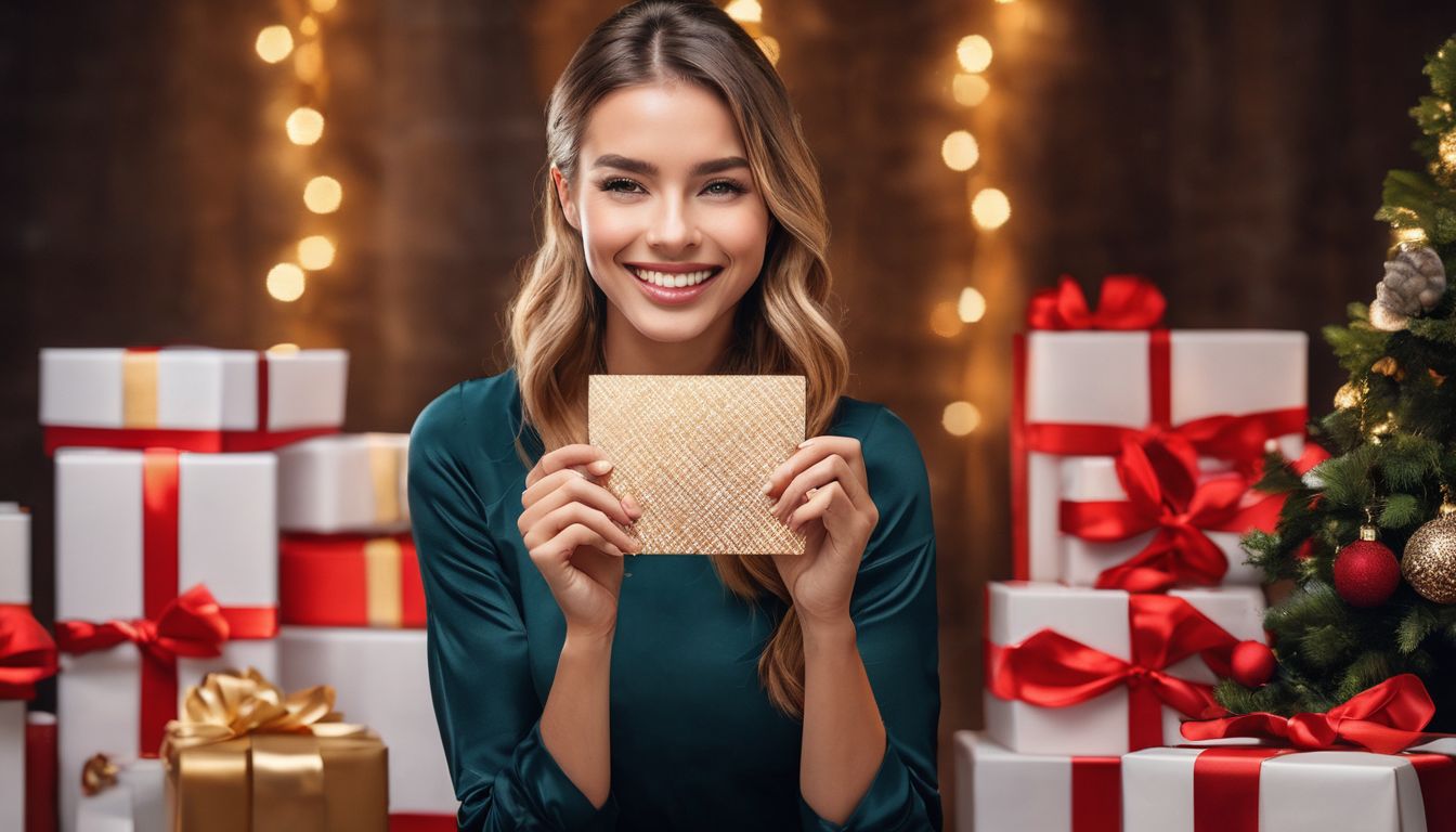 A person joyfully receiving a beautifully wrapped gift card surrounded by elegant decorations and gift boxes.