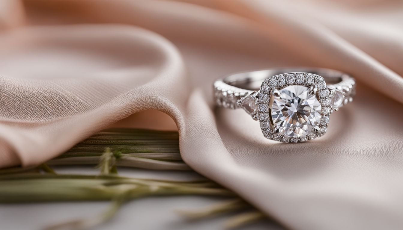 A stunning halo engagement ring displayed on a delicate lace handkerchief.