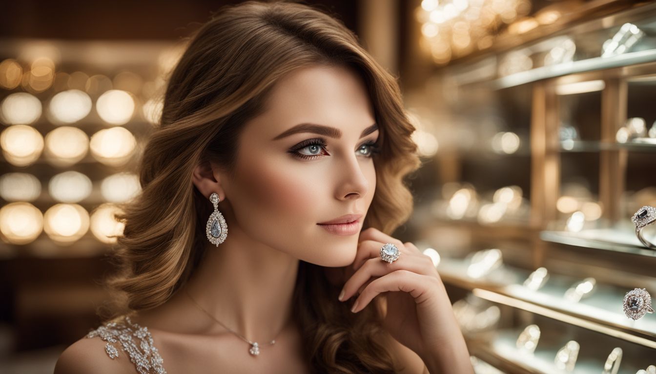 A woman wearing a diamond halo ring in a jewelry store.