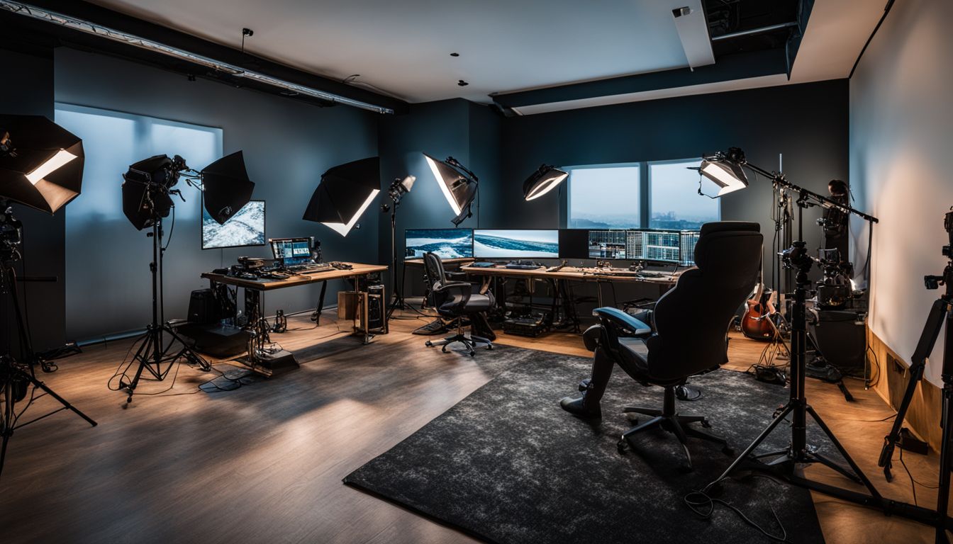 A high-end technology studio with expensive equipment and bustling atmosphere.