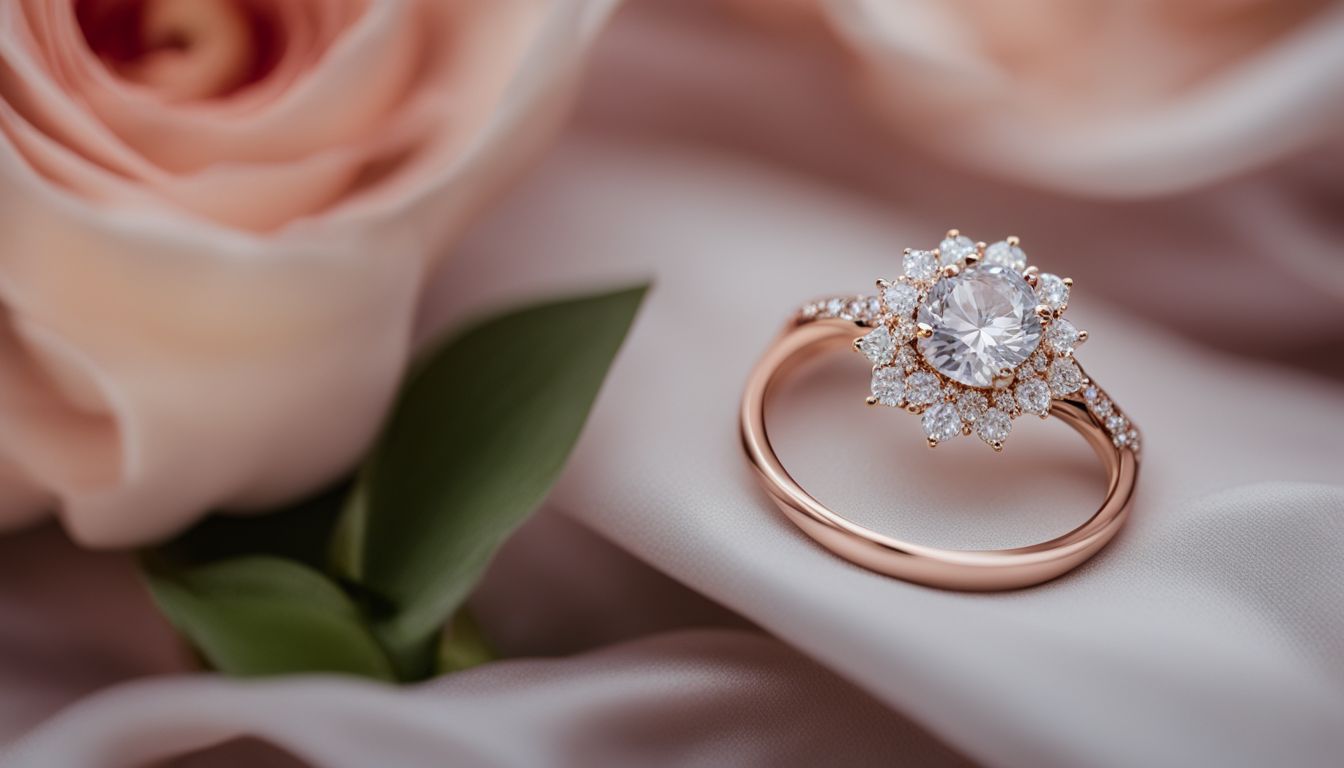 An elegant engagement ring displayed with floral decor in a bustling atmosphere.