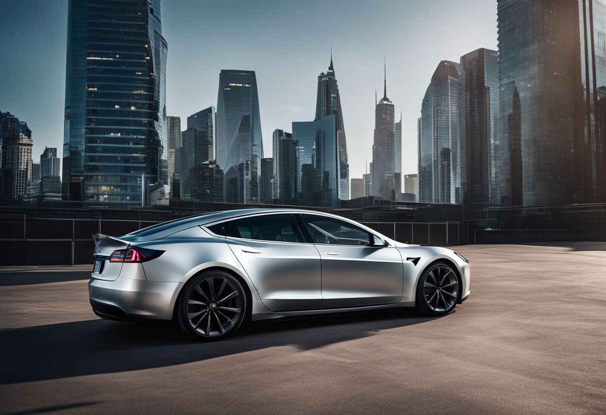 A sleek, silver Tesla parked in front of a futuristic city skyline with diverse people and bustling atmosphere.