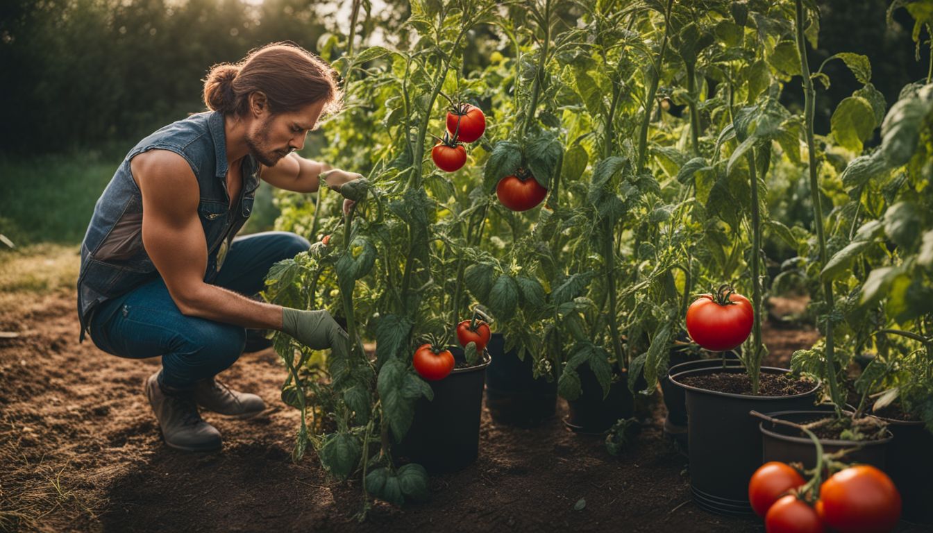 A gardener inspecting struggling tomato plant in backyard garden.