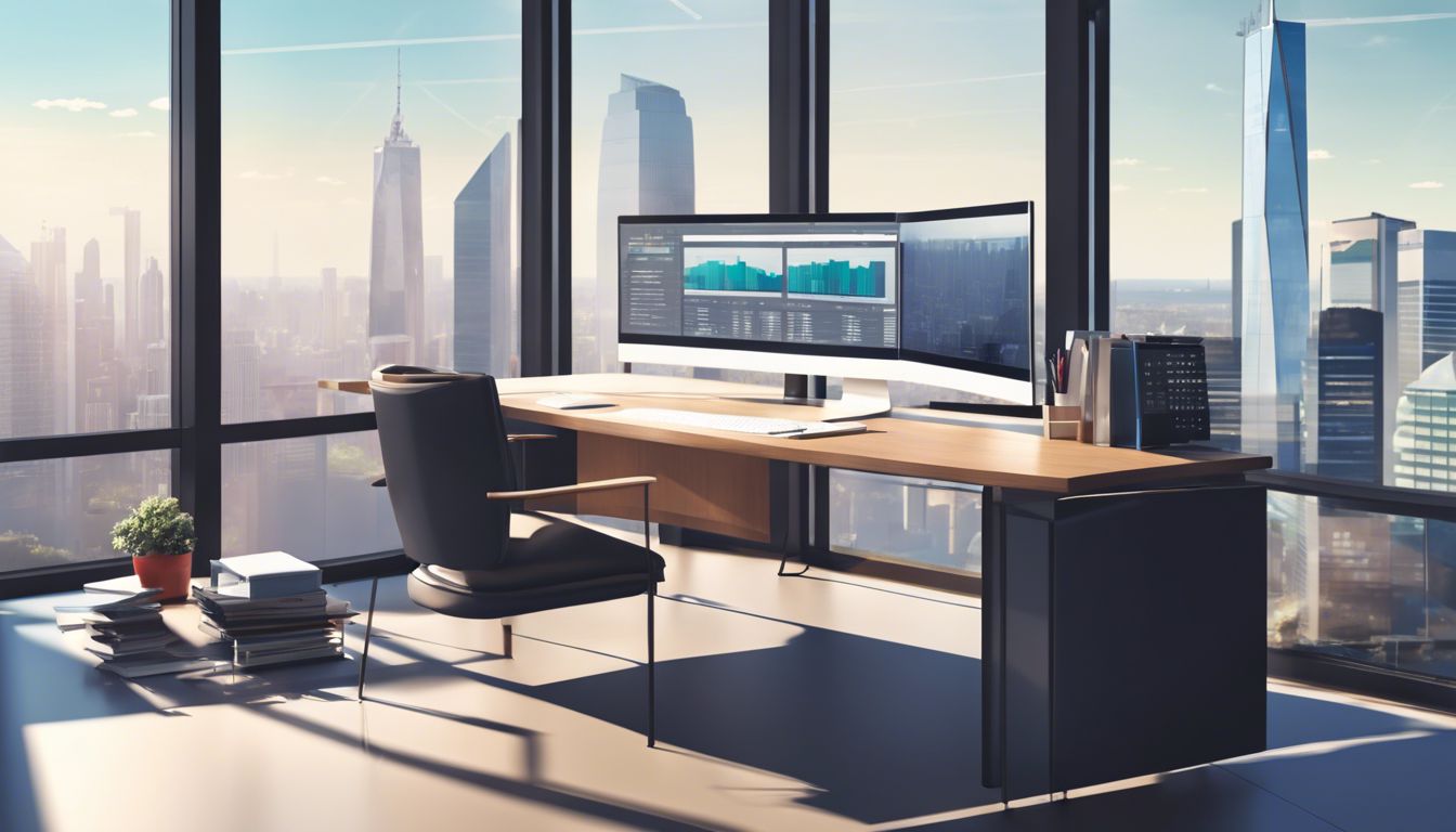 Een opgeruimd bureau in een modern kantoor met computer en financiële documenten.