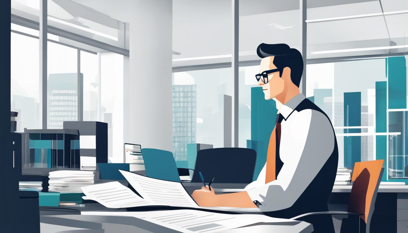 Een geconcentreerde accountant bekijkt financiële documenten in een moderne kantooromgeving.