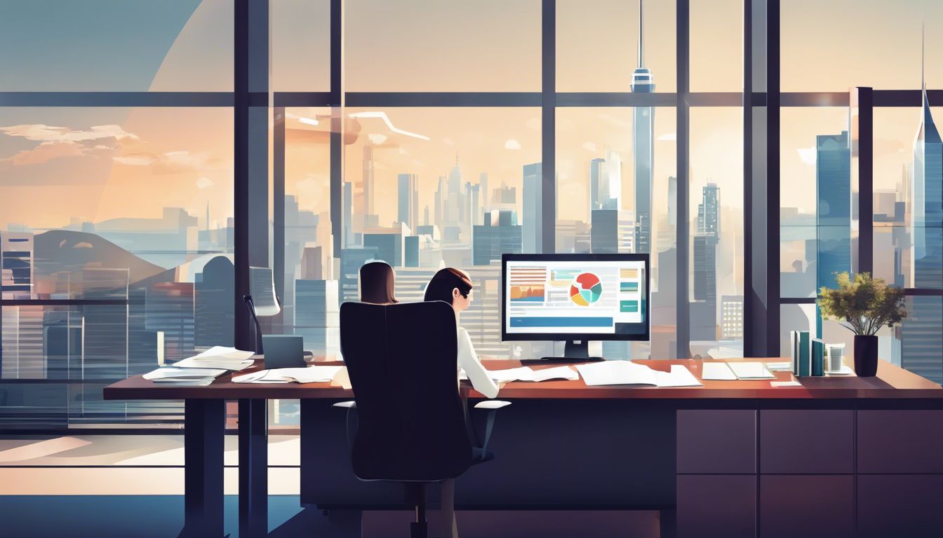 Een secretaresse analyseert financiële documenten in een modern kantoor met uitzicht op een bruisende stad.
