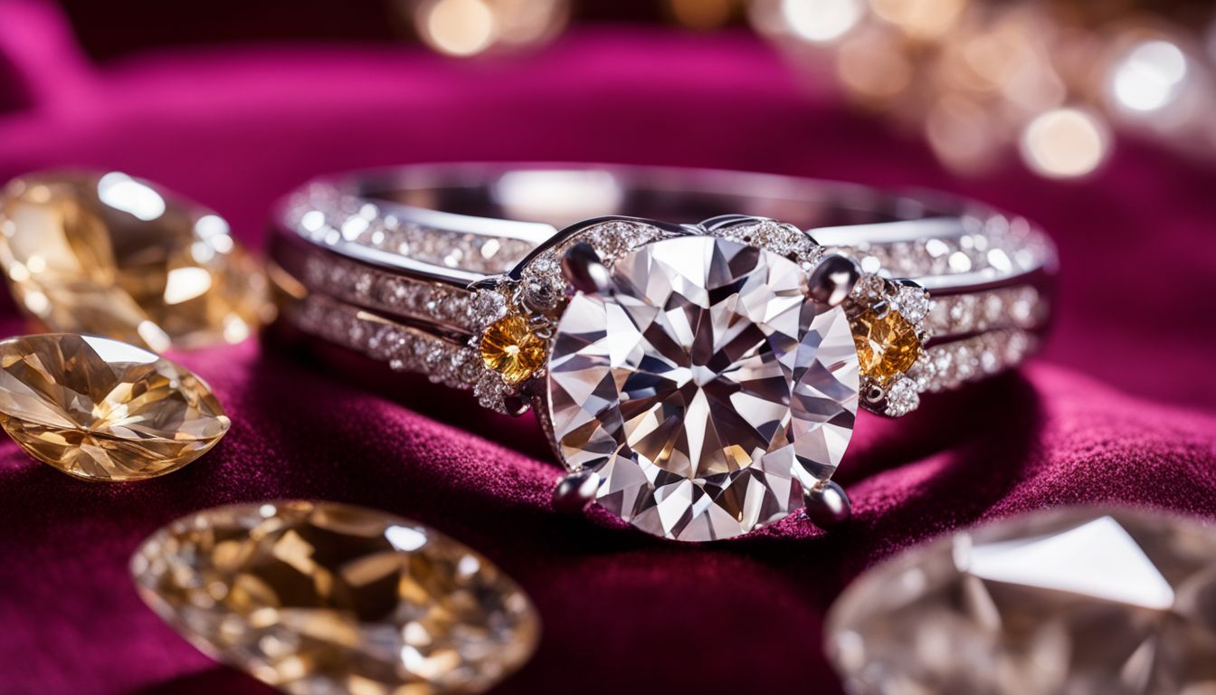 A dazzling pavé engagement ring surrounded by sparkling gemstones on luxurious velvet.