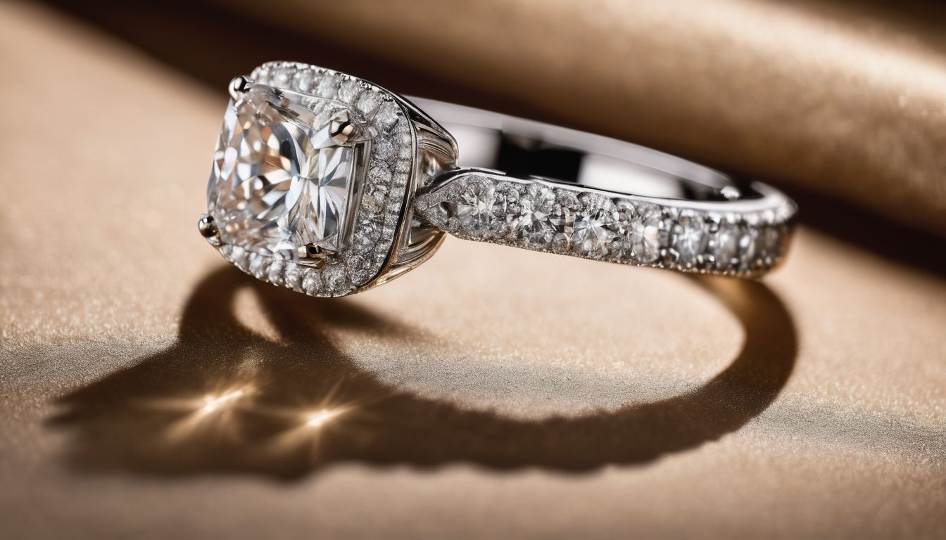 A dazzling pave engagement ring on display in a luxury jewelry store.