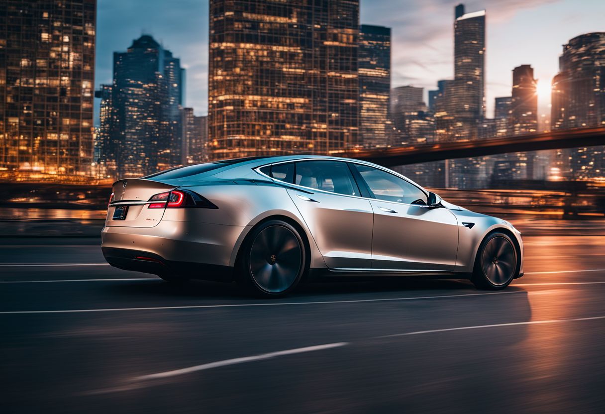 A Tesla Model S parked in a futuristic city with a diverse group of people.