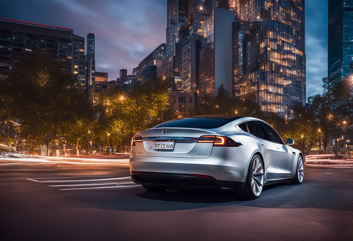 A sleek and futuristic Tesla car parked in a vibrant urban setting.